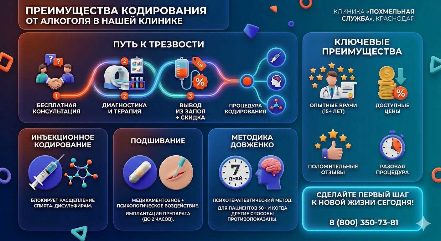 Инфографика о методах кодирования от алкоголя в Красноуральске: инъекции, подшивание, метод Довженко. Преимущества клиники и этапы лечения.