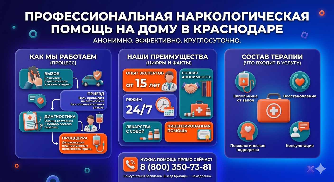 Инфографика о принципах лечения алкоголизма на дому в Красноуральске: этапы вызова нарколога, преимущества анонимной детоксикации и состав медицинской помощи.